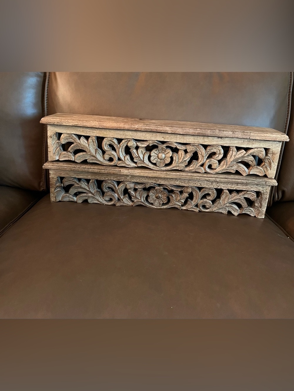 Hand Carved Floral Wooden Wall Shelves. Set of 2.